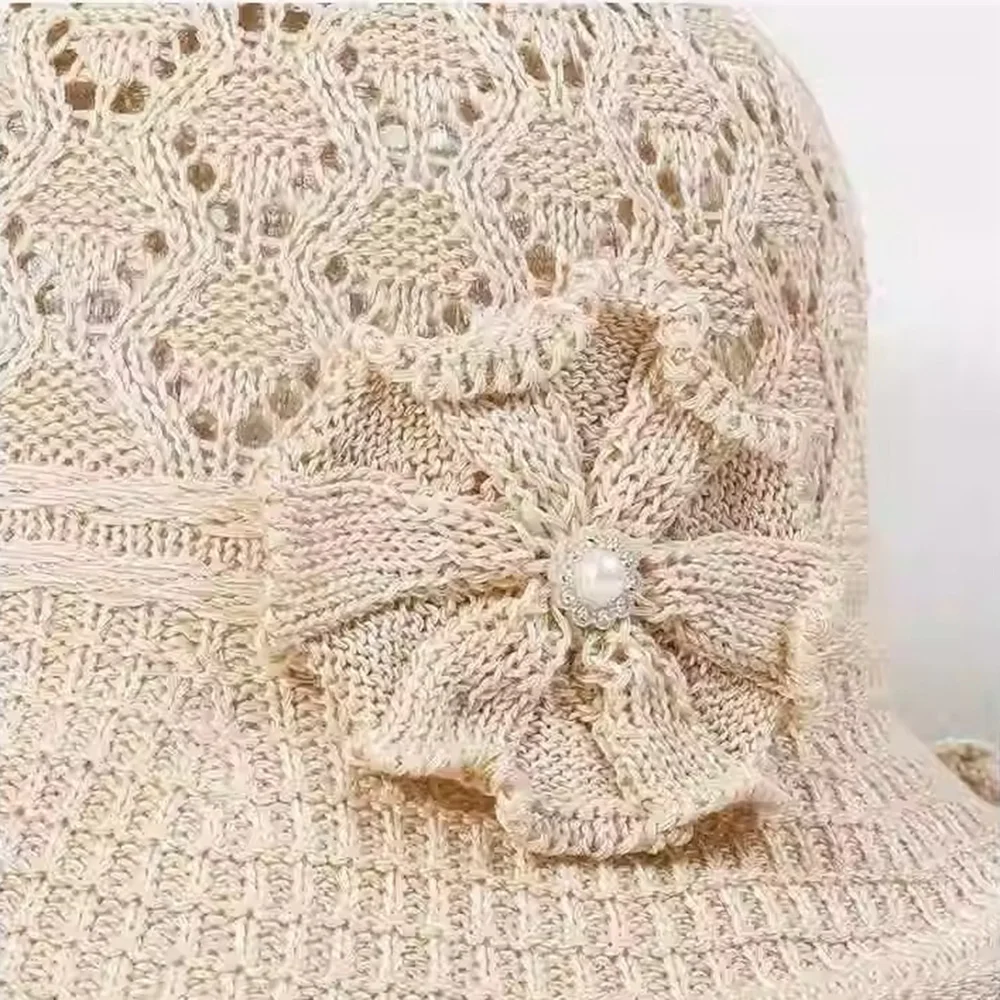 قبعة منسوجة من الزهور واللؤلؤ للحماية من الشمس، قابلة للطي وقابلة للتنفس، قبعة مضفرة على شكل زهرة مريحة في الارتداء، قبعة صياد السمك المحبوكة للنساء