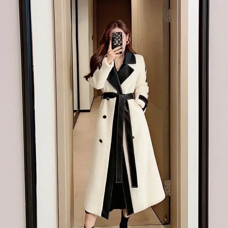 

Coats and Jackets Women Woolen Coat New Fashion Atmosphere Individuality Temperament Color Splicing Long Plush Coat Woman