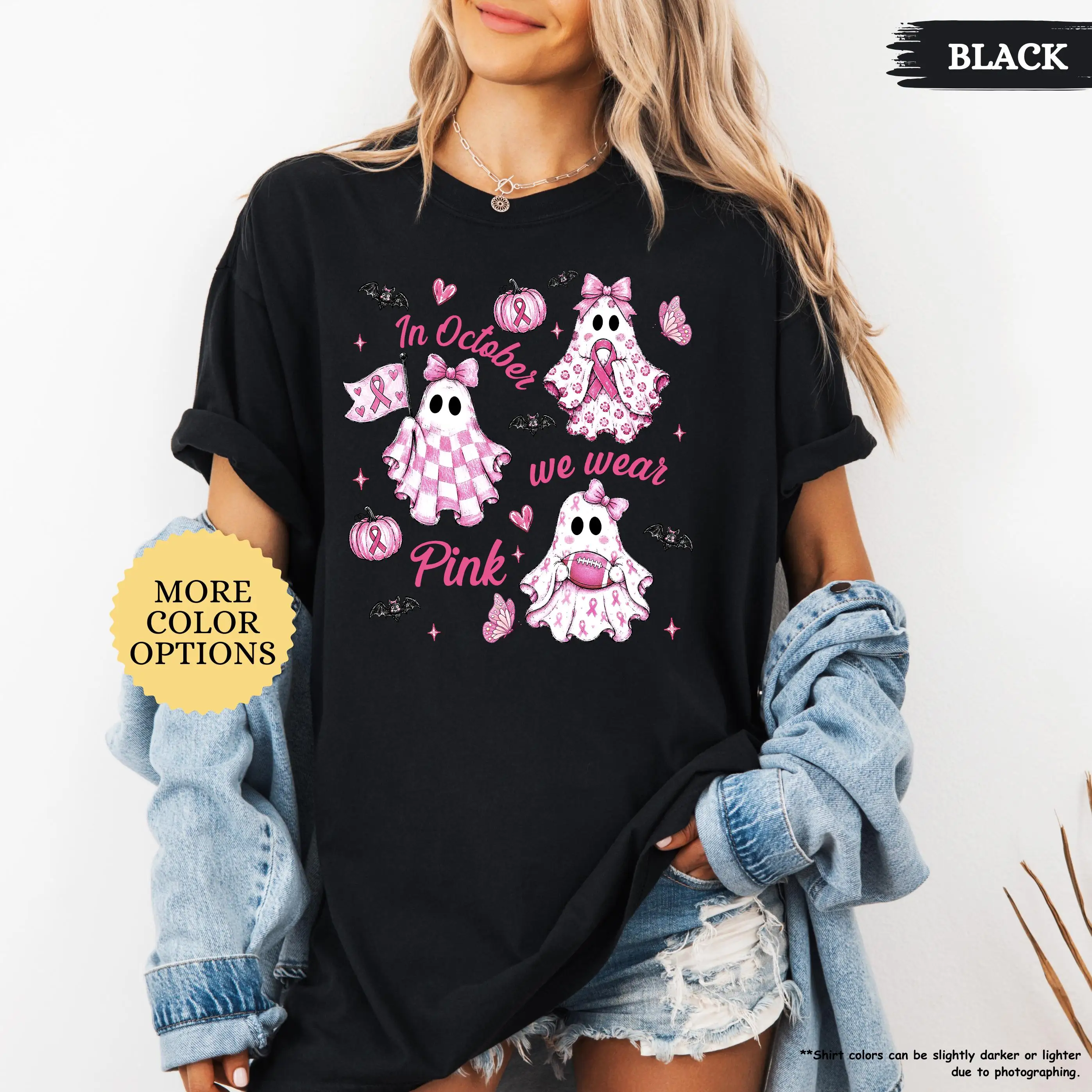 In October We Wear Pink Ghost Shirt, Halloween Breast Cancer Tee, Pink Ribbon, Breast Cancer Pumpkin Shirt, Cancer Support