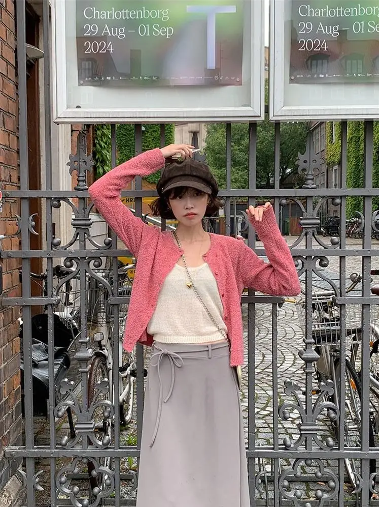 

Свободный женский вязаный кардиган, весна 202, повседневное пальто Long Sve round Ne на пуговицах, розовое пальто Faion