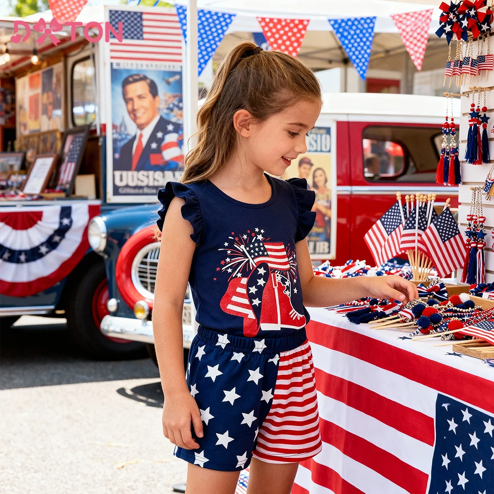 

DXTON 2pcs Suit Children Clothing Ruffled Sleeveless Tops+Shorts Flag Patchwork Kids T-shirts Summer Striped Girls Daily Sets