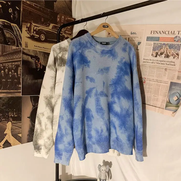 ผู้ชาย Pullovers เสื้อกันหนาว Tie Dye ฤดูใบไม้ร่วงฤดูหนาวหลวม Basic Harajuku ญี่ปุ่นใหม่ Ins เกาหลีอินเทรนด์ถัก All-Match นักเรียน warm