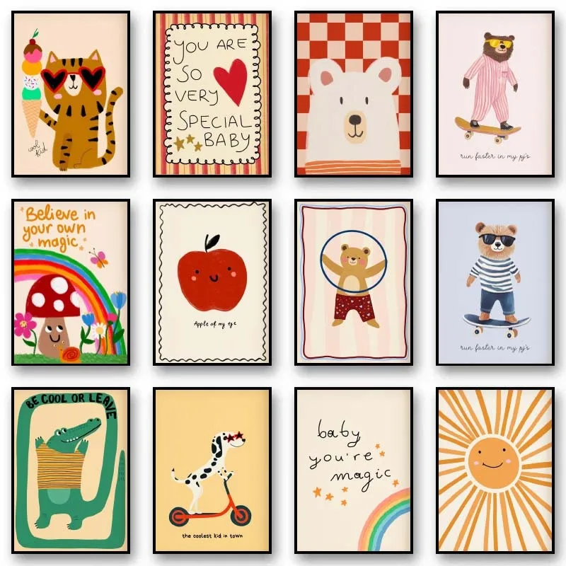 Tierposter-Drucke: Nordische Blumen-Hasen, coole Bären- und Gänse-Wandkunst, verspielte Kaninchen-Drucke für Kinderzimmer und Spielzimmer