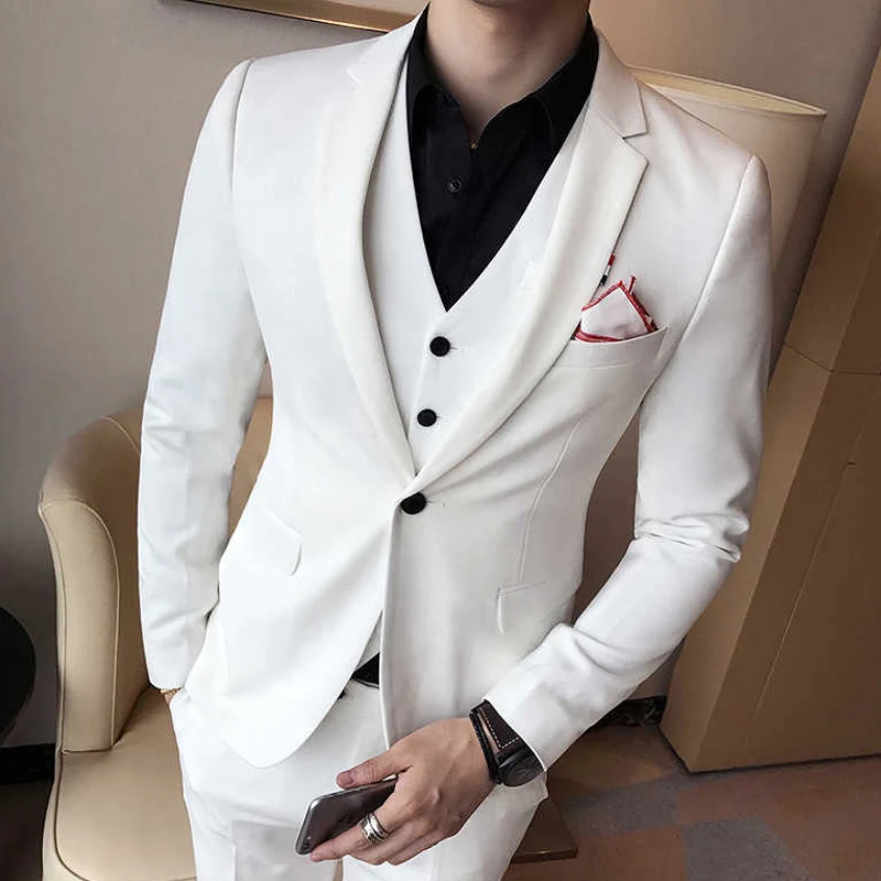 

White Slim fit Men Suits for Boyfriend 3 piece Custom Groom Tuxedo with Notched Lapel Man Fashion Costume Blazer Vest with Pants