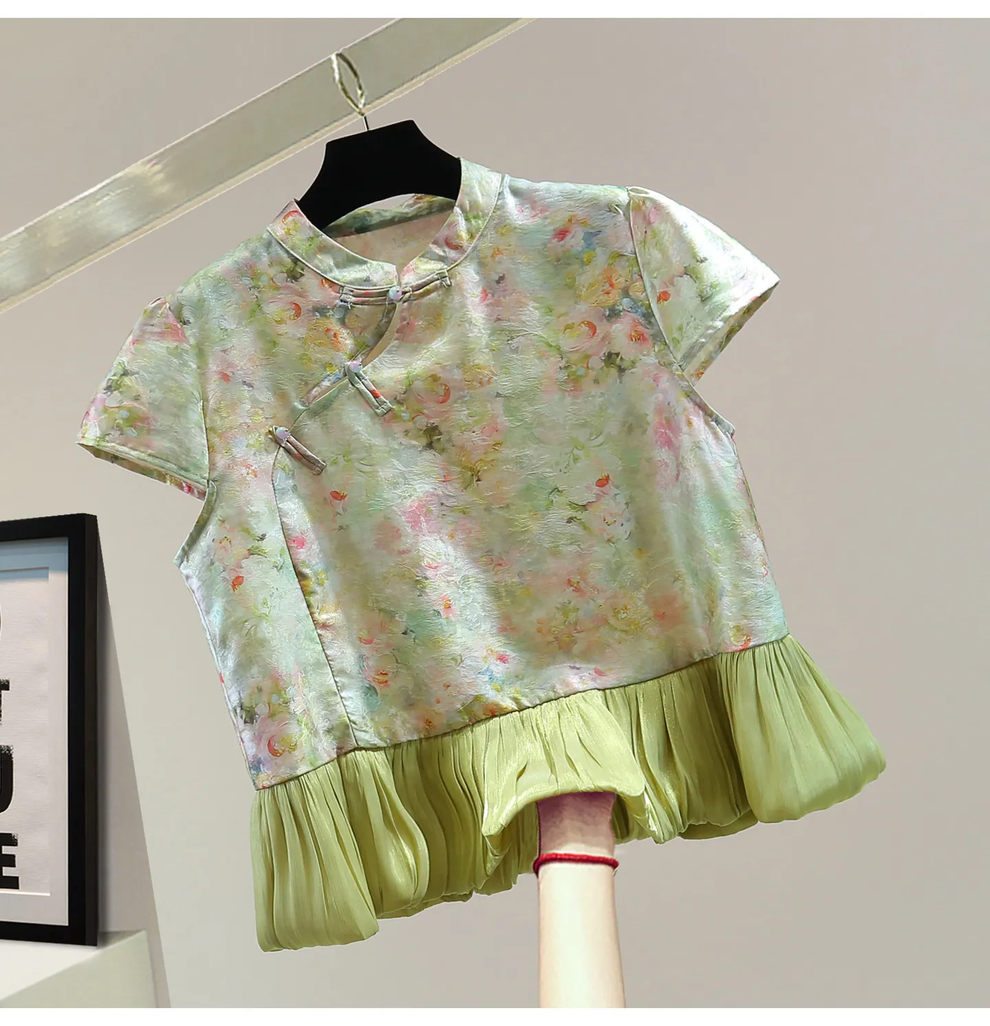 

New Chinese Style Printing Retro Buckle Stand Collar Cheongsam Shirt Women, Summer Chiffon Patchwork Ruffles Short Sleeve Tops