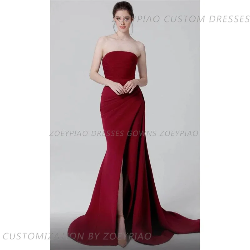 Wine Red Long Side Slit Satin Prom Dress Strapless Dubai Party Gown Long vestidos de graduación Mermaid Arabic robes quinceanera