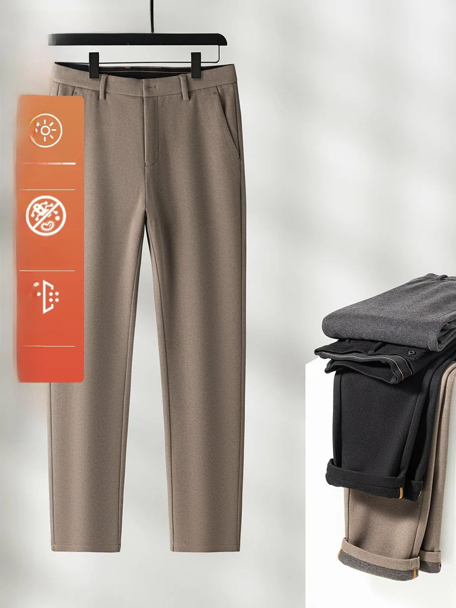 

High-Waisted Straight Leg Men's Casual Pants Fce-Lined Wool Blend Busin Casual Faion Bla Tech Heat Retaining Autumn...
