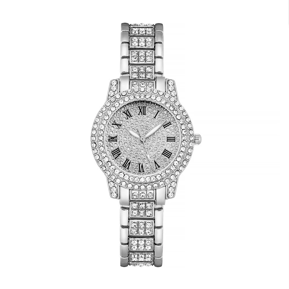 Luxo estrela cheia com diamantes relógios femininos moda roman senhoras relógio de quartzo rosa ouro aço inoxidável pulseira relógio wristwatche