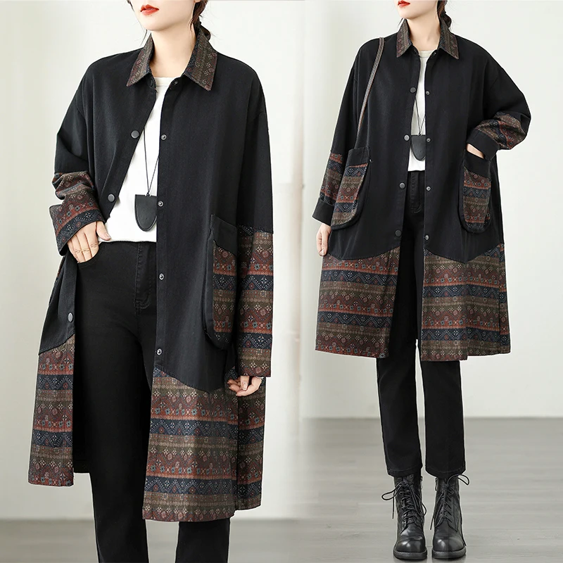 

High-End plus Size Women's Artistic Vintage Casual Loose Versatile Patchwork Print Midi Length Denim Jacket