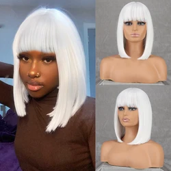 Synthetic Short White Straight Bob Wigs With Bang Natural  Hair For Women Cosplay