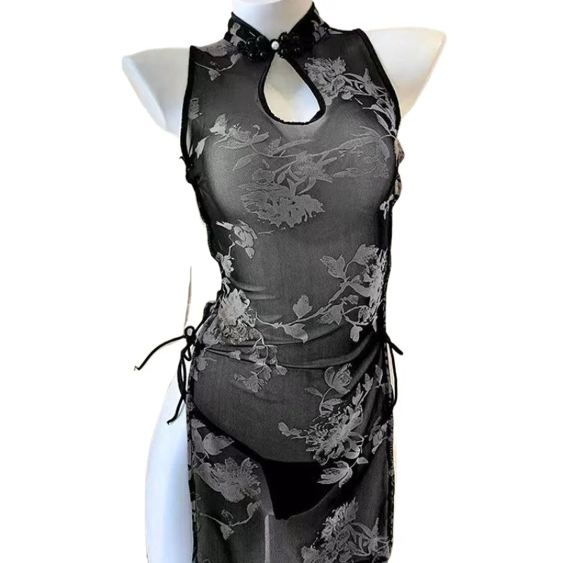 

Новый китайский стиль улучшенный Qipao сексуальный перспективный полый стиль с высоким разрезом чернила стиль женское эротическое белье ремень Qipao