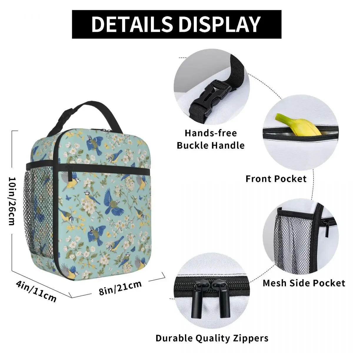 Beautiful Tits Bird Merch Insulated Lunch Bag for Picnic Blooming Trees Food Storage Bag Reusable Cooler Thermal Lunch Box