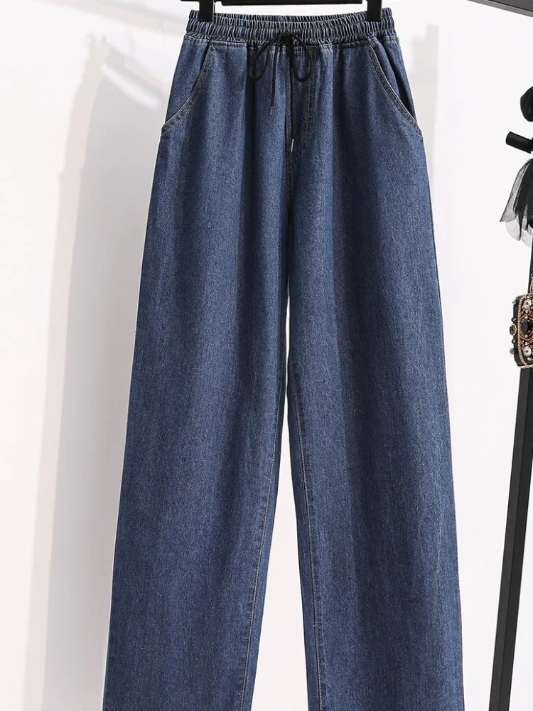 النساء واسعة الساق حجم كبير الدنيم السراويل الخريف مطاطا الرباط عالية الخصر الكاحل طول مستقيم الجينز السراويل الكورية غير رسمية