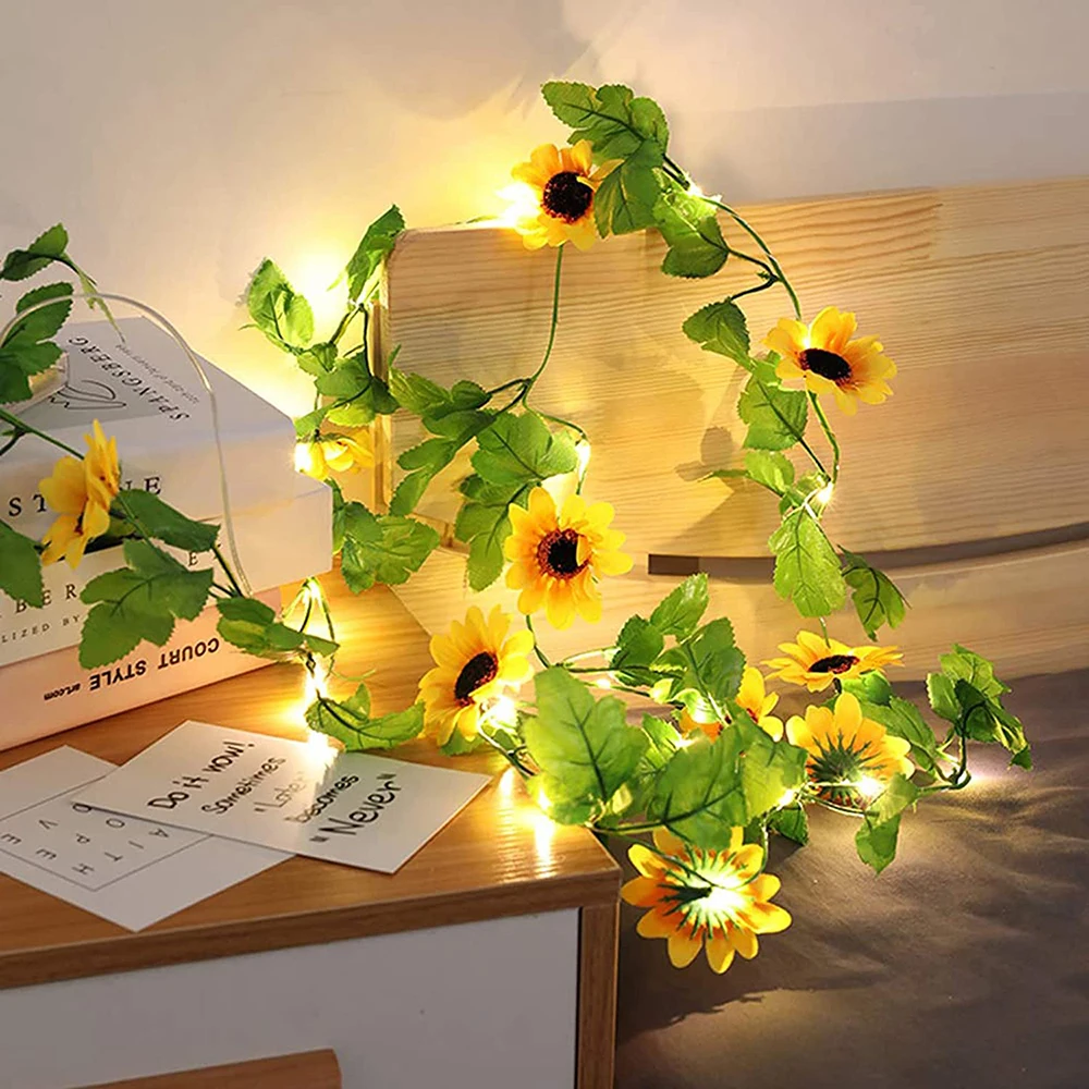 2M 20Leds Battery/USB Operated Artificial Sunflower Rose String Light Garland Fairy String Light Green Leaf Vine Light for Party