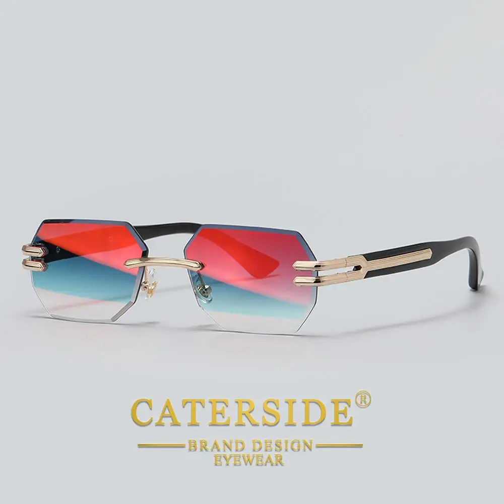 CATERSIDE Neue rahmenlose Sonnenbrille für Herren, modische polygonale Spiegellinsen mit Farbverlauf, Metallrahmen, Damen-Party-Sonnenbrille für den Außenbereich – Detail 9