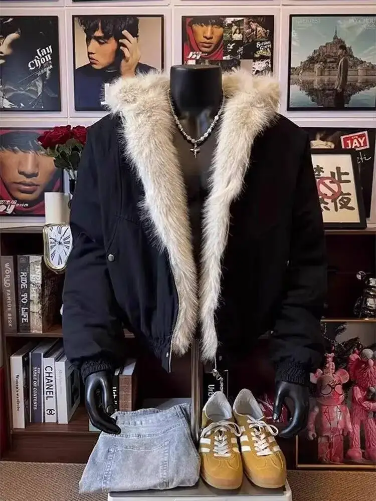 Retro American Style Men's Cotton Jacket With Hood And Fur Collar Short Warm Winter Coat Mountain Eagle White Gray
