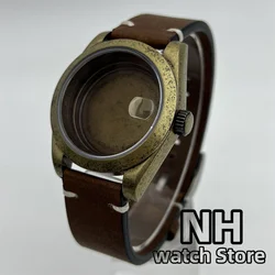 39mm Bronze Brushed Watch Case Leather strap Sapphire Fit NH34 NH35 NH36 ETA2824 PT5000 Movement Screw Crown