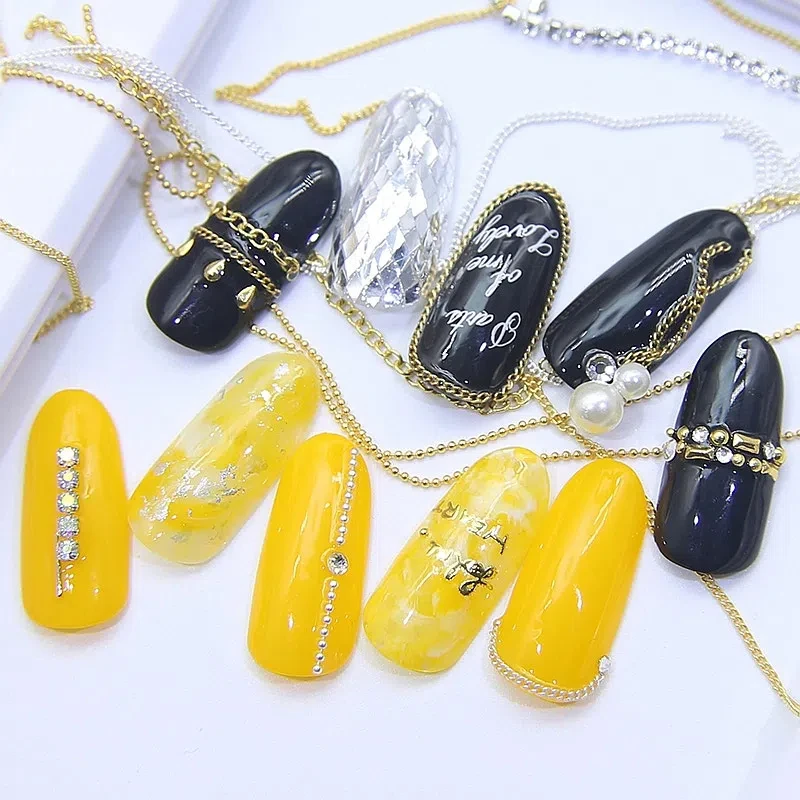 Nail Art Metal Flat Chain Set Gold/Silver Beads Chain Rainbow Diamond Claw Chain Nail Decorations Trendy Manicure Accessories