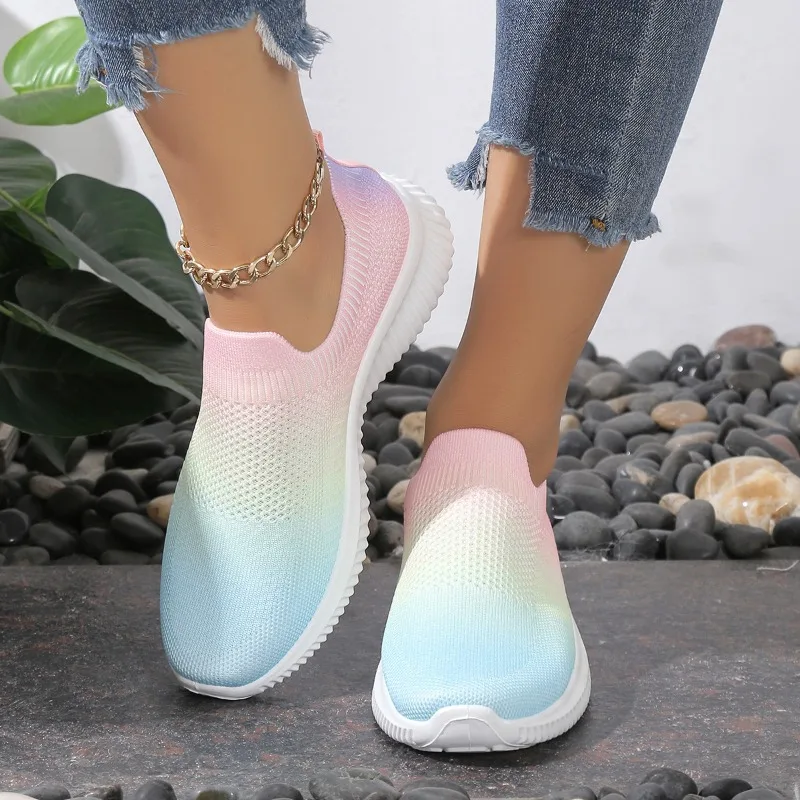 Gradient Color Women Flats Shoes Breathable Mesh Platform Fashion Sneakers Slip on Soft Ladies Casual Shoes Women Tennis Flats