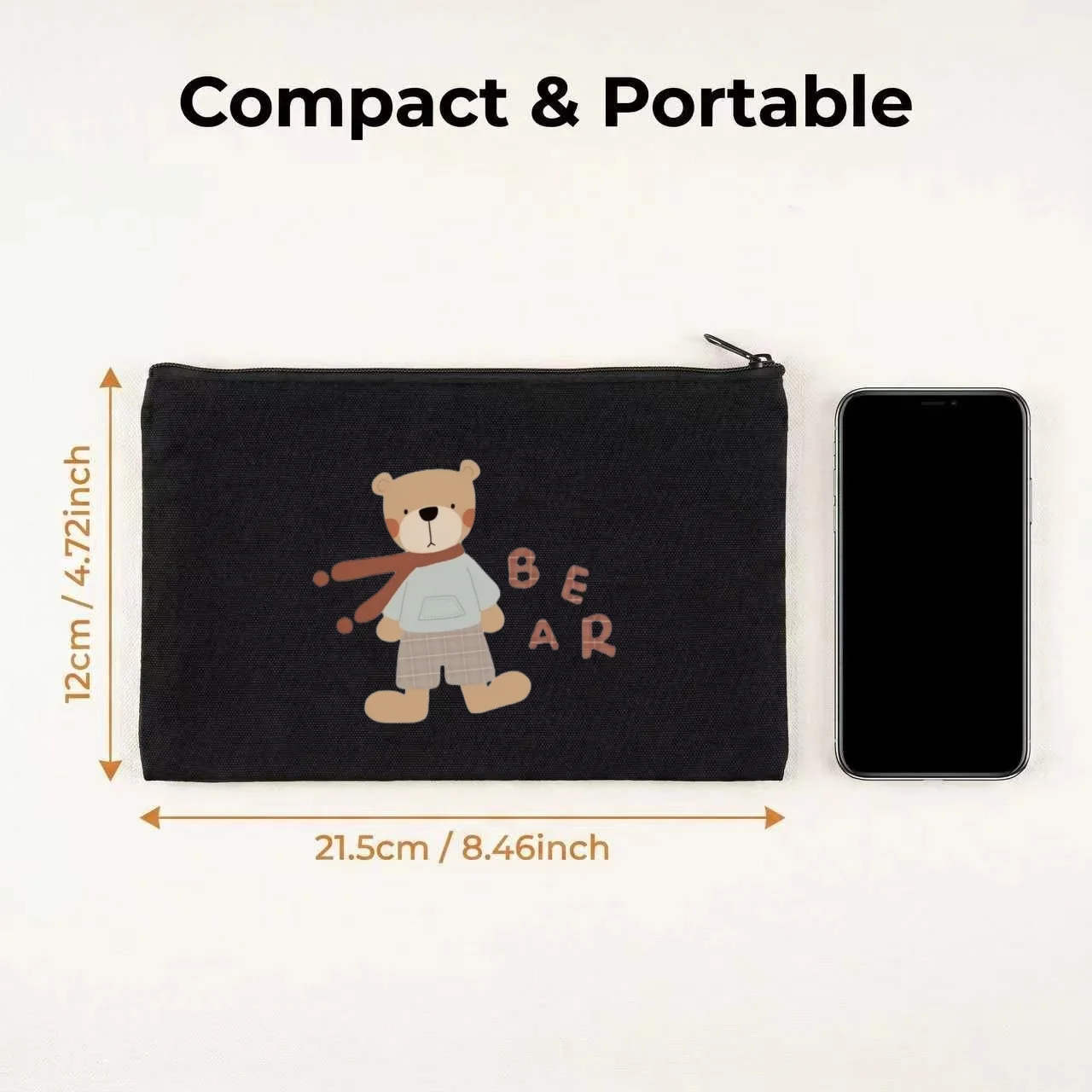 1PC Minimal Neutral Tone Scarf Bear BEAR Letter Canvas Cosmetic Bag Double Sided Portable Zipper Pouch