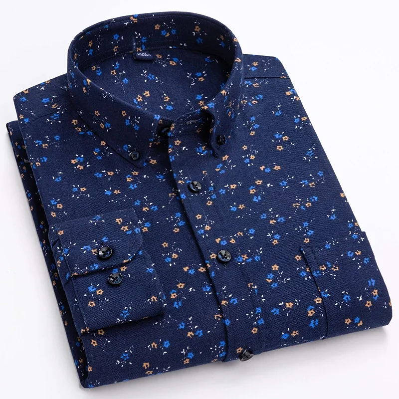 Men’s 100% Cotton Long Sleeve Shirts Vintage Floral Print Breathable Office Dress Shirt Casual Fashion Standard Workwear Shirts