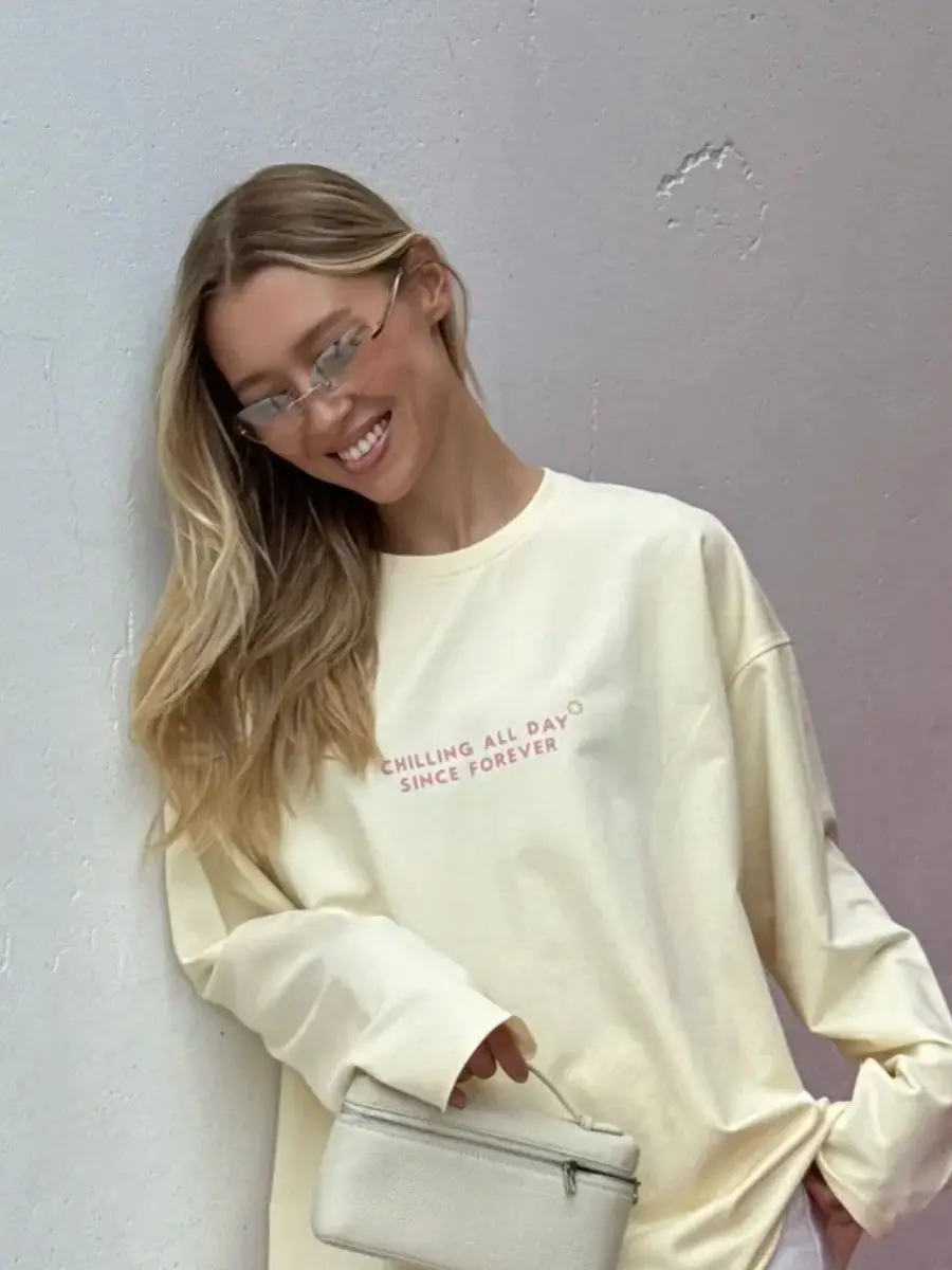 Light Yellow 100% Cotton Long Sleeve T-shirt Thin Sweatshirt Fun Cute Letter Loose Large Size College Women Basic Autumn Winter
