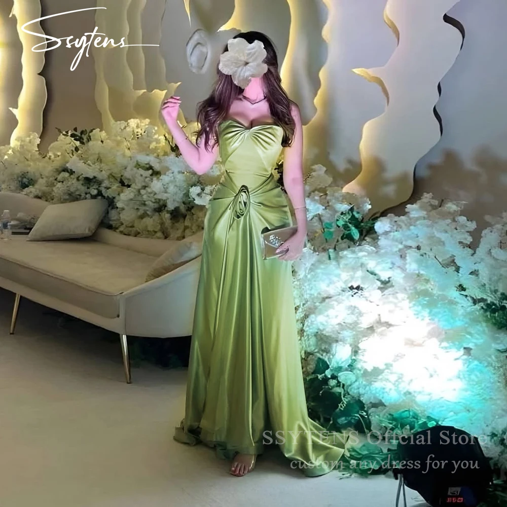

SSYTENS Elegant Sweetheart Mermaid Evening Dresses Green Satin Robe De Soirée Handmade Flower Long Vestidos De Noche Customized