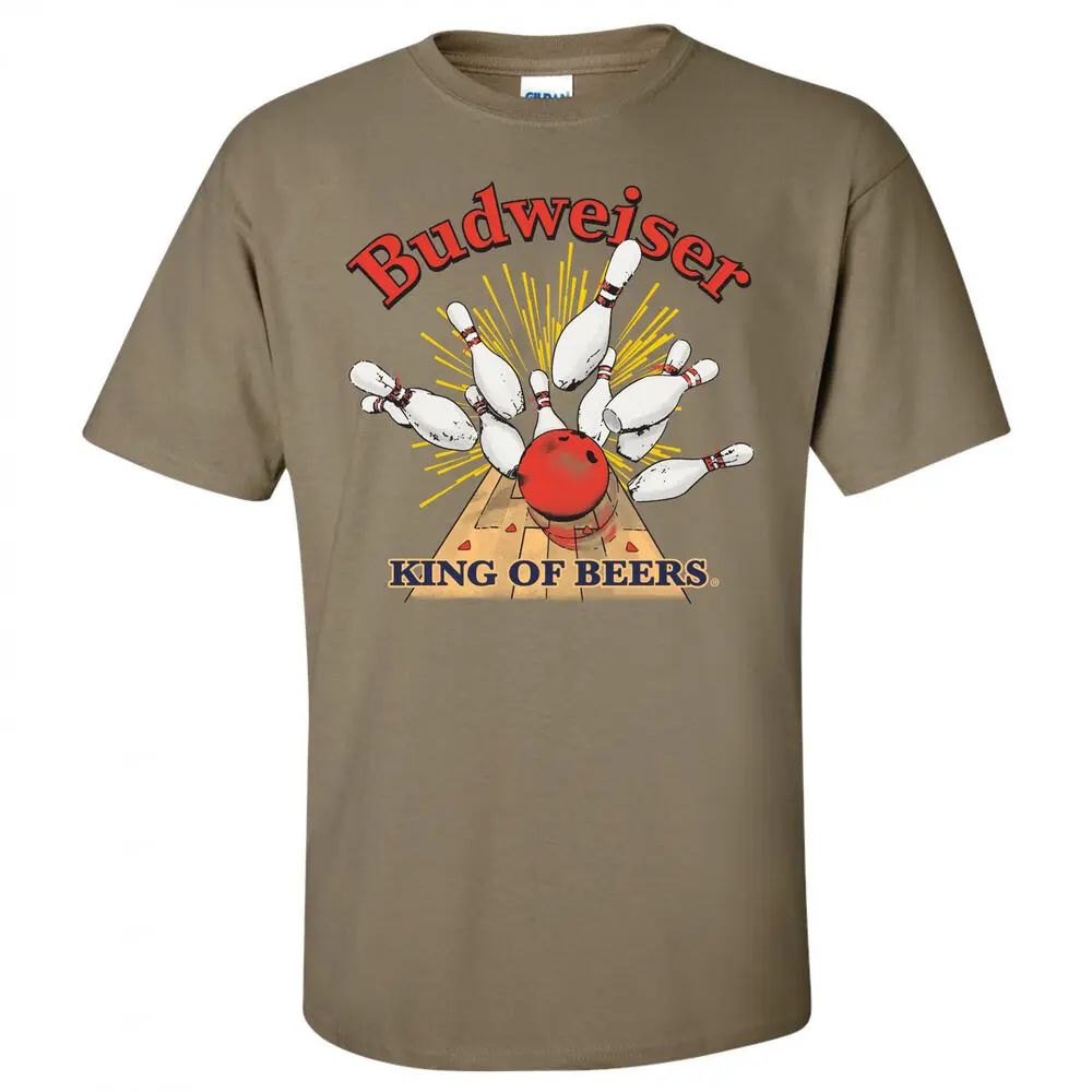 Budweiser Bowling Strike Tan Colorway T-Shirt BrownAnime Pattern Men and women High quality cotton Short Sleeves