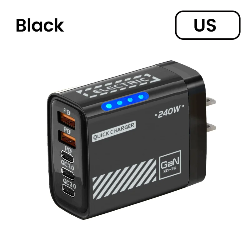  240 W GaN Ladegerät 5 Ports 3USB 2 Typ-C Schnelle Lade US/EU Stecker Mit LED licht Desktop Power Adapter Für Iphone Huawei Xiaomi