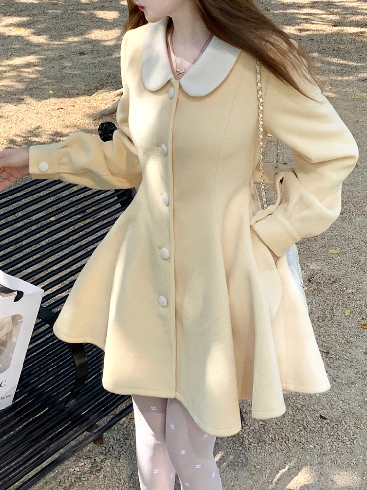 Winter Fashion Light Yellow Woolen Coat Dress Women's New Sweet Elegant Party Dresses Designer Harajuku Casual Slim Clothes 2024