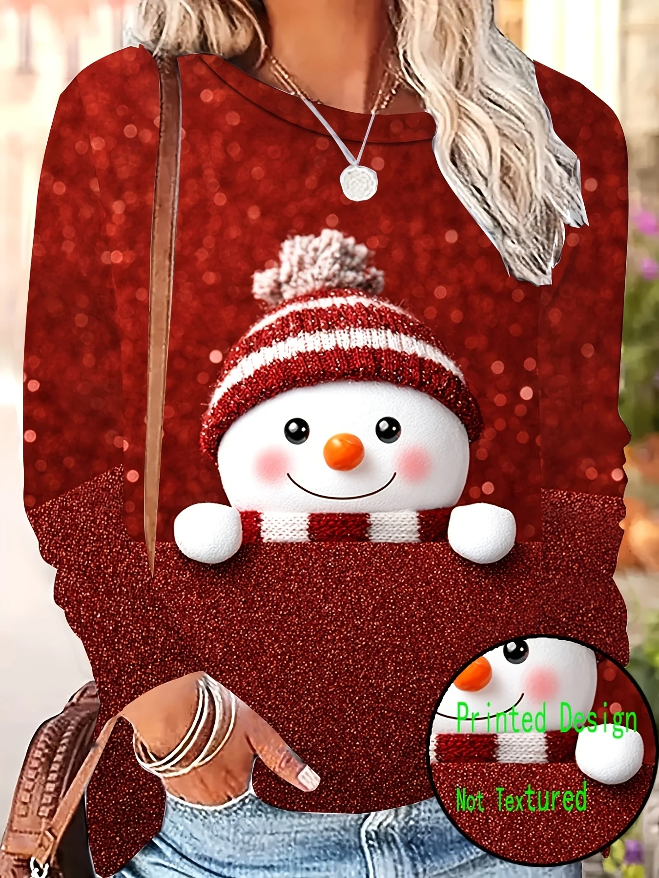Women Round Neck Long Sleeve T‑Shirt Cute Snowman With Knit Hat Print Winter Holiday Casual Party Top Women's Clothes