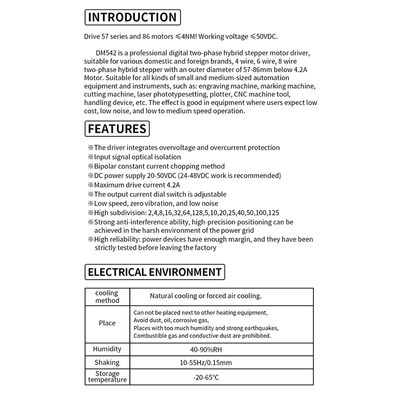 

Stepper Motor Driver, DM542 Stepper Motor Driver Dsp Digital Driver Board For Nema 17, Nema 23 ,Etc