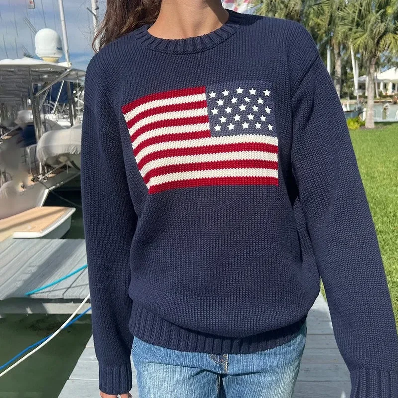 JFL201072024 Casual Versatile Knit Sweater Autumn/Winter New Style British Style Flag Sweater Cross Border E-commerce Best Selle