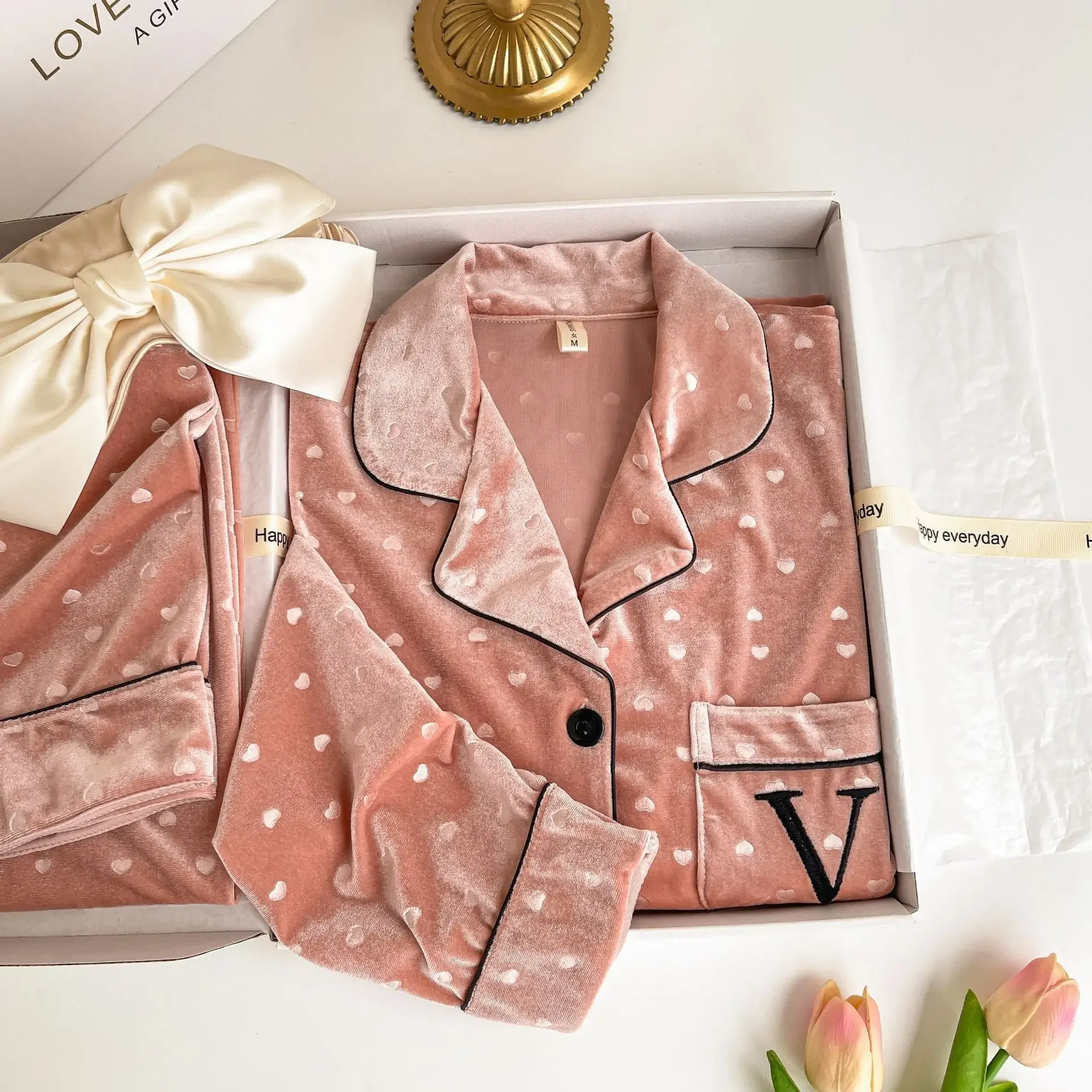 Velvet Dot Print 2Pcs Top&pants Lady Warm Home Clothes Autumn Winter New Pajamas Sexy Trousers Suit Loose Sleepwear Women Pjs