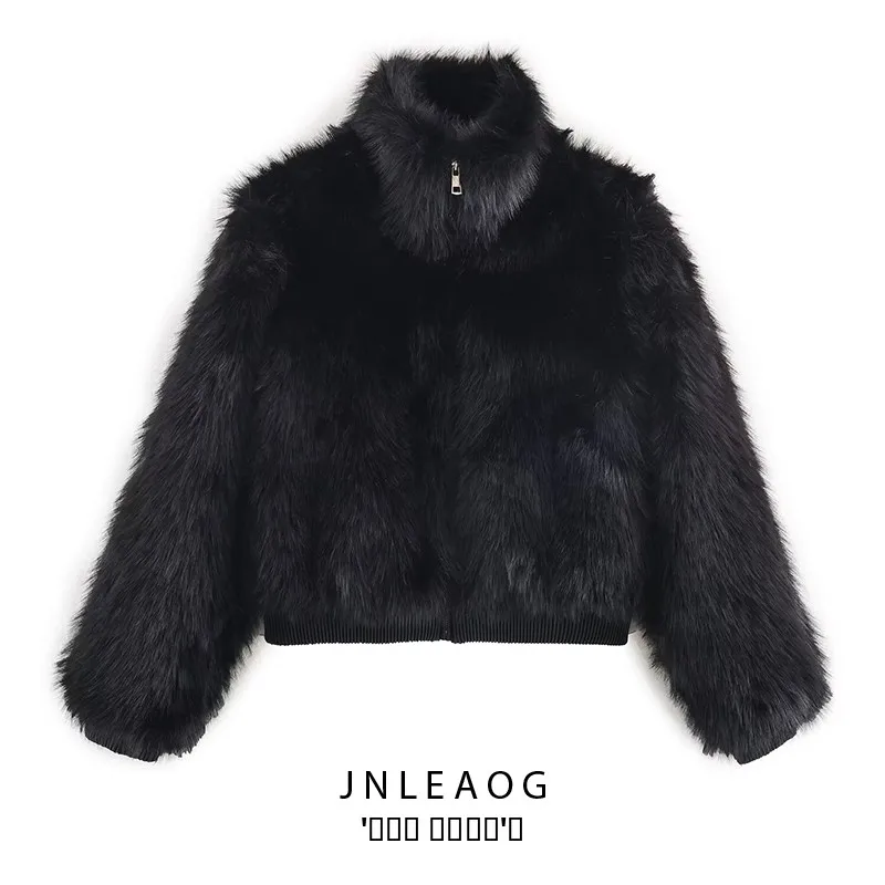 Faionable-abrigo versátil de piel sintética con cuello levantado para mujer, prendas de vestir exteriores, tela de poliéster, cierre largo con cremallera