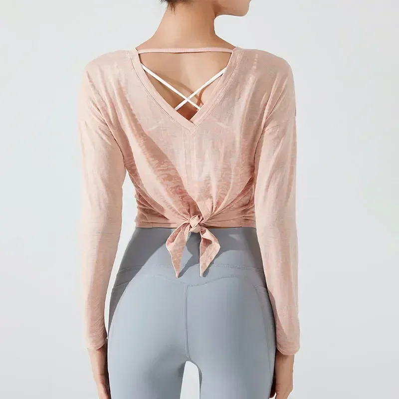 Stown Sportswear Woman Gym 2022 New See-through Yoga Top Female Long-sleeved Fitness Pilates Blouse Loose Sports Shirts Women image 6