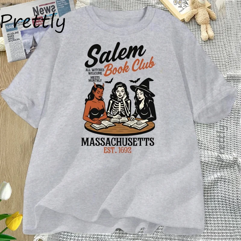 Witchy Book Club T-Shirt Spooky Girl Reading T-Shirt Buchliebhaber Halloween T-Shirt Casual Kurzarm Baumwolle Damen Kleidung T-Shirts