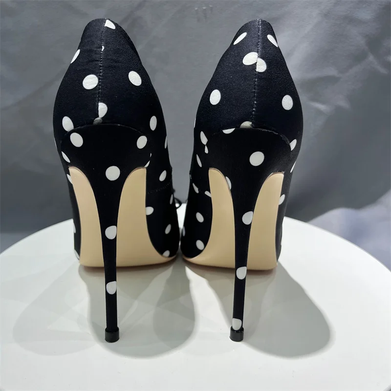 Tikicup Polka Dot Women Black Satin Stiletto High Heels with Bowknot Chic Ladies Designer Dress Shoes Pointed Toe Silk Pumps