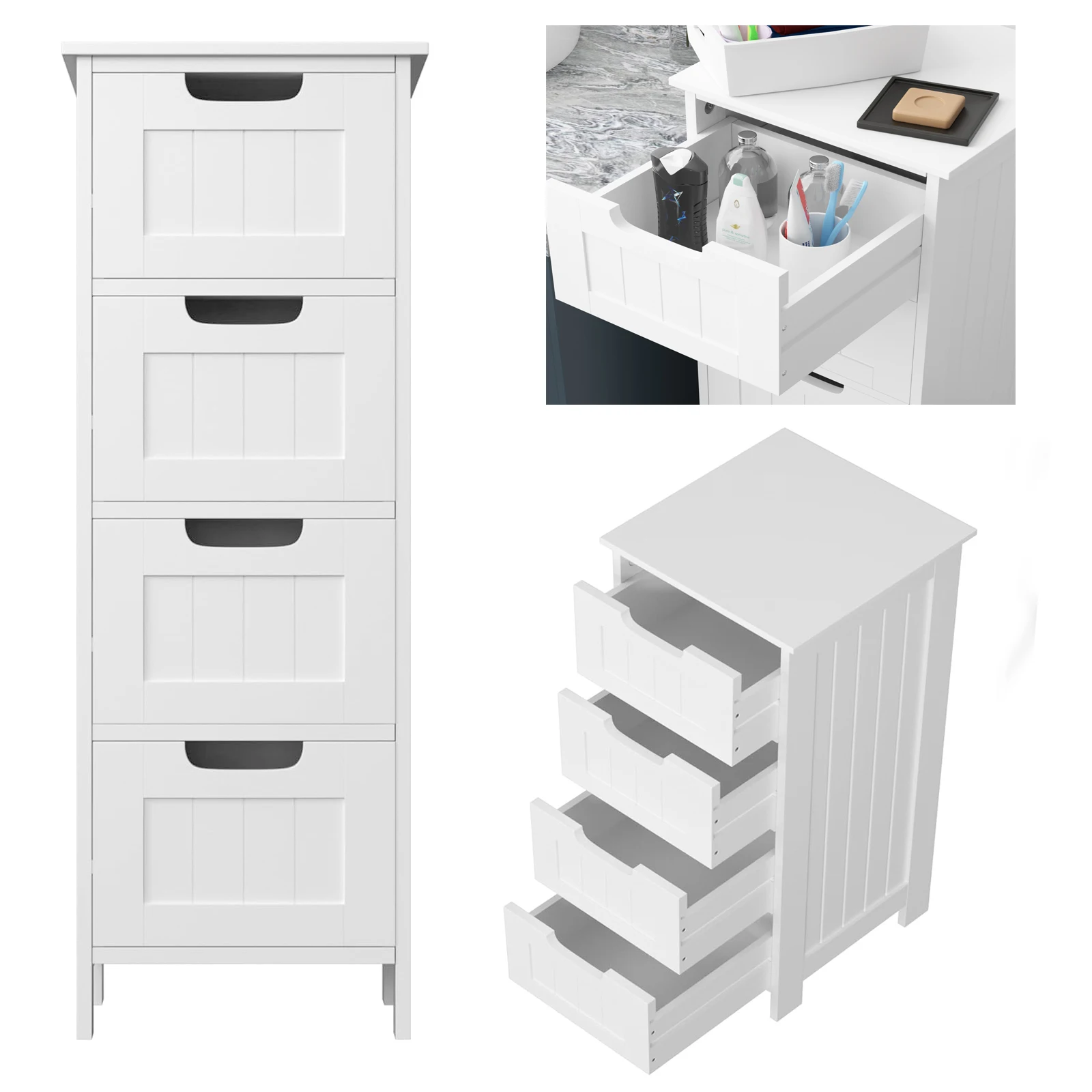 Commode Blanche 4 Tiroirs 150kg, Table de Nuit Haute Étroite avec Poignées, Meuble Rangement Autoportant en Bois pour Chambre Salon Couloir, Gain de Place, fabrication solide et durable