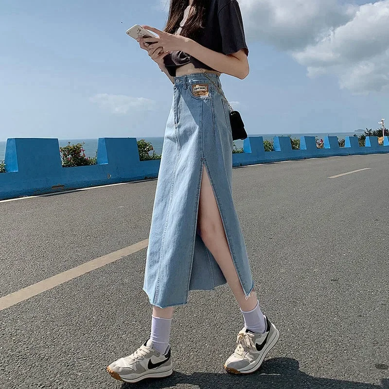 Pop 2022 New Style High-Waisted Side Slit Denim Skirt For Women Slimming A- Line Medium Length Bodycon Skirt Trendy On Social Me