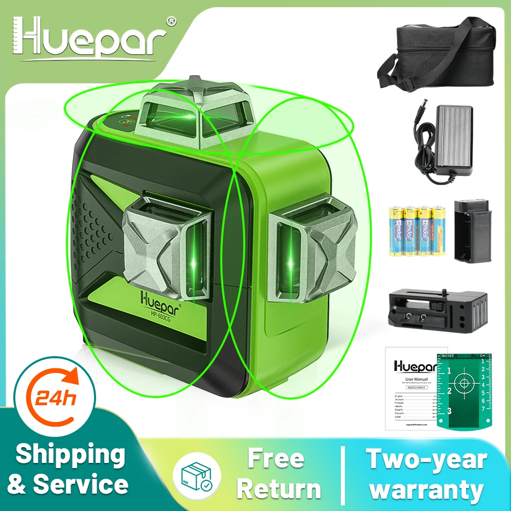 Huepar 12เส้น3D Cross Line เลเซอร์ระดับ Leveling 360แนวตั้งและแนวนอนสีเขียว Beam USB Charge ใช้แห้งและ Li-Ion แบตเตอรี่