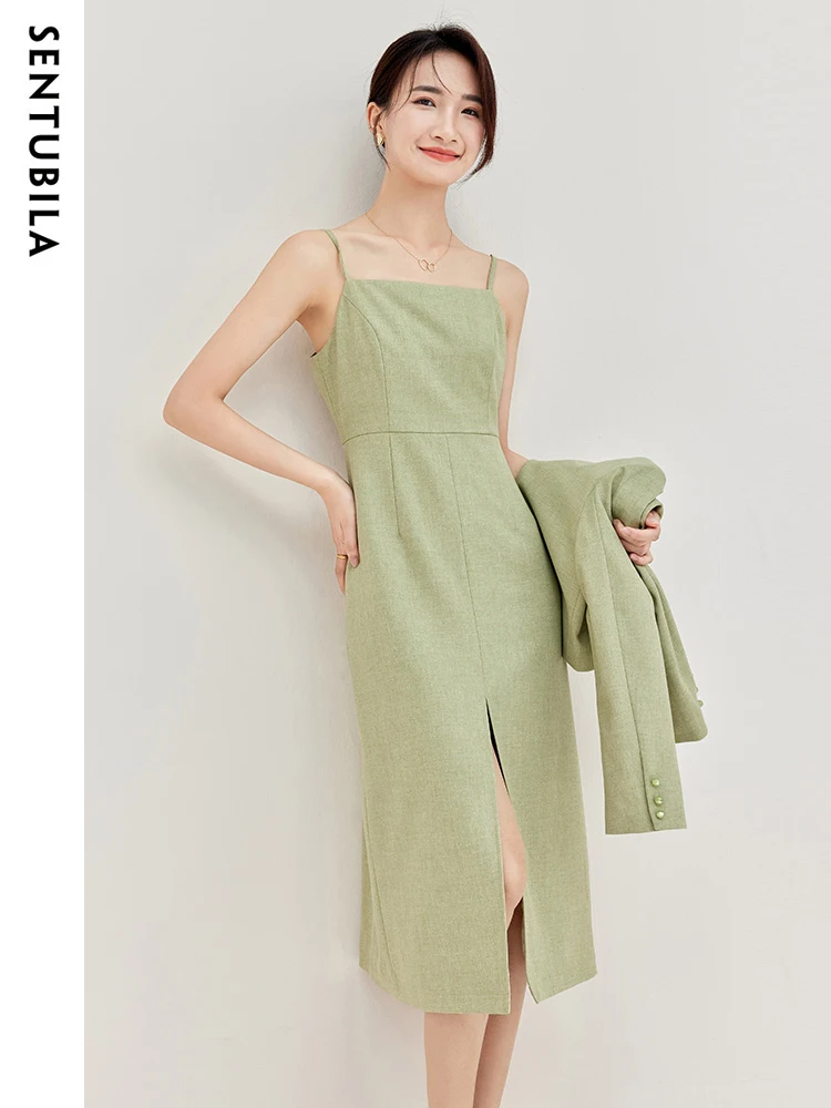 SENTUBILA Chinese Style New In Matching Sets  2024 Autumn Slip Slit dress Sets for Women 2 Pieces Retro Crop Jackets 133Z51189