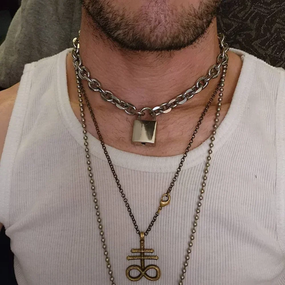 Punk Solid Stainless Steel Chain Oversized Padlock Necklace Women Mens Unisex Chunky Heavy Lock Key Necklace Handmade Jewelry