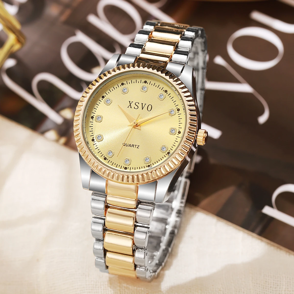 أزياء الاتجاه جولة الهاتفي سبيكة المواد المرأة كوارتز ساعة مجوهرات 4 قطع مجموعة، مناسبة لهدايا عيد الميلاد وعيد الشكر