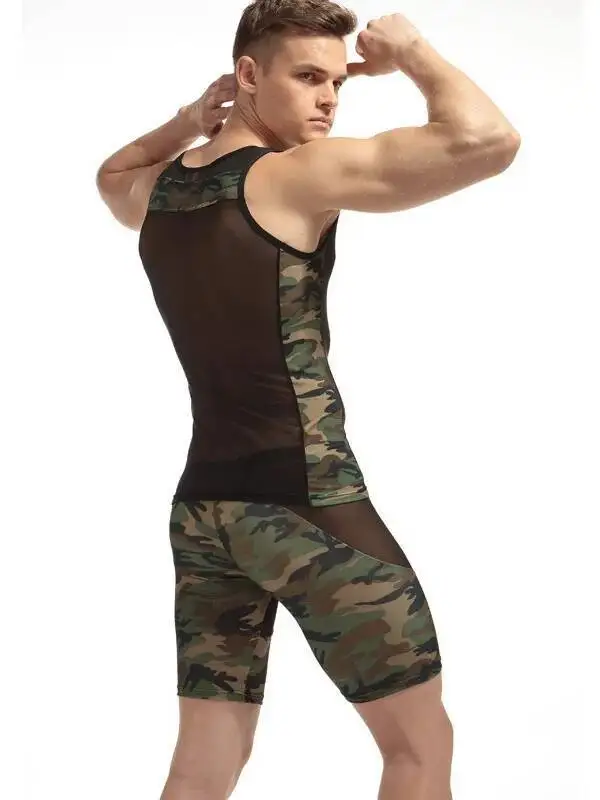 Conjuntos de pantalones cortos de malla ajustados para hombre, pijamas sexys, pantalones cortos Casaul transparentes, conjuntos de tirantes sin mangas con cuello en U, conjuntos de pantalones cortos LFZD