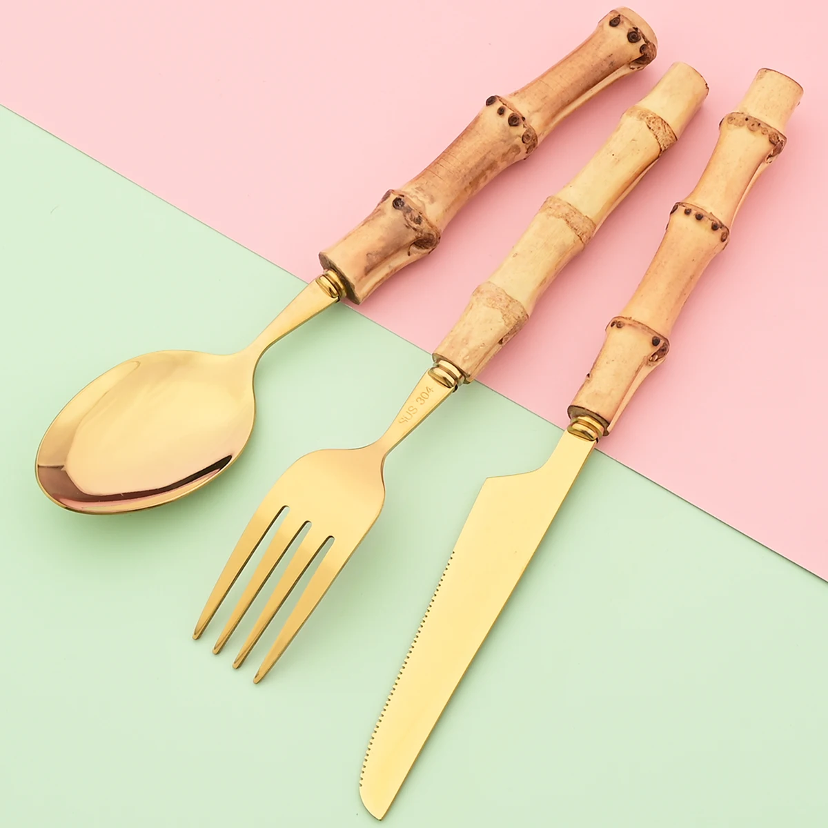 20Pcs Gold Bamboo Handle Cutlery Set 304 Stainless Steel Dinnerware Set Knife Dessert Fork Spoon Tableware Home Kitchen Flatware