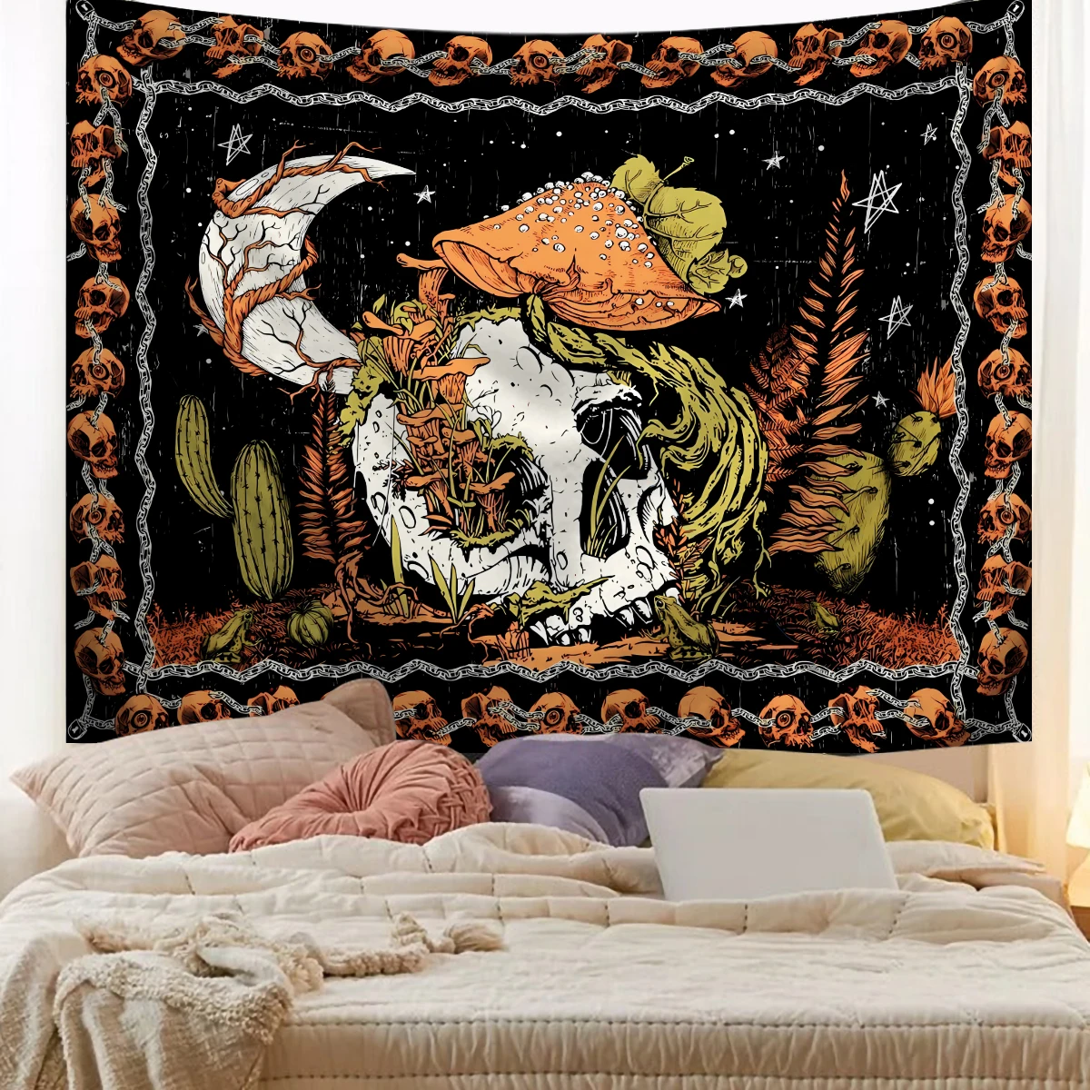 1pc Gothic skull tapestry, human skull tapestry, moon starry sky mushroom tapestry, bedroom and living room aesthetic decoration