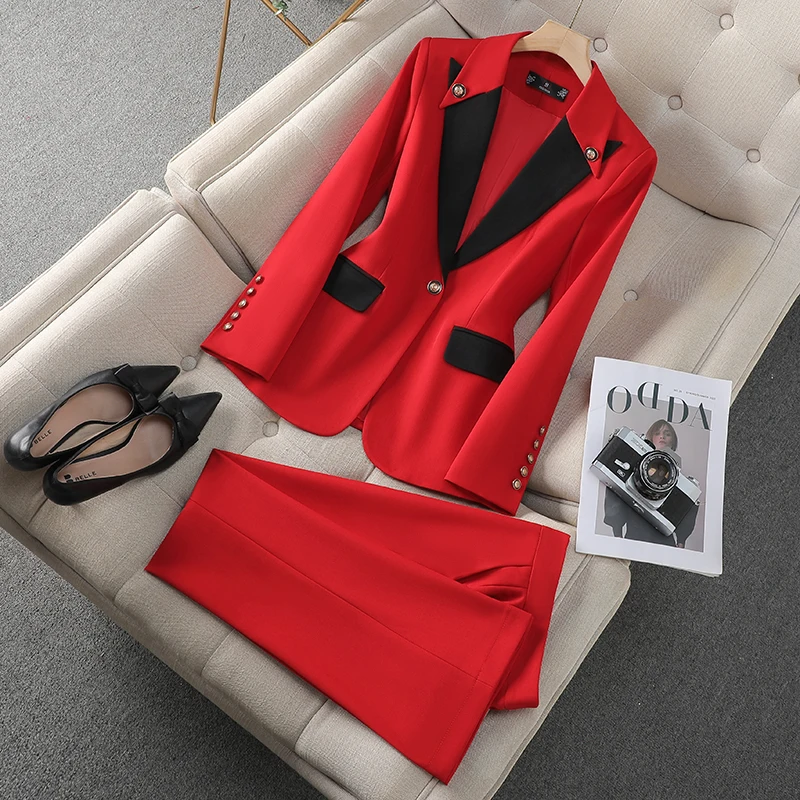 ZJYT Business Chic Women\'s Color Block Blazer Suits Pant Sets 2 Piece Formal Office Lady Outfit Plus Size Jacket Trousers Set