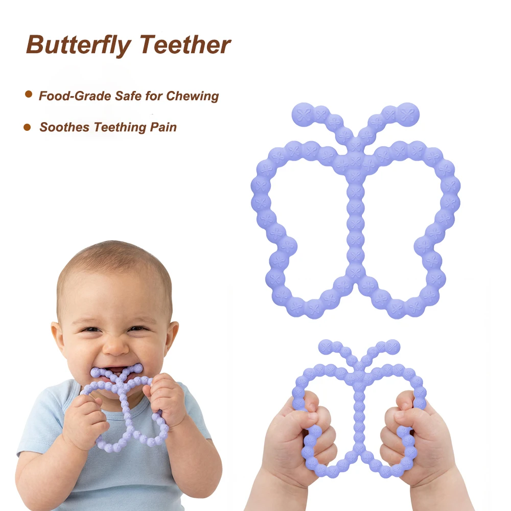 

Прорезыватель-кольцо для малышей в форме бабочки, из пищевого силикона, массажер для десен, легко хватать, мягкий, гибкий, прочный, средство для облегчения прорезывания зубов