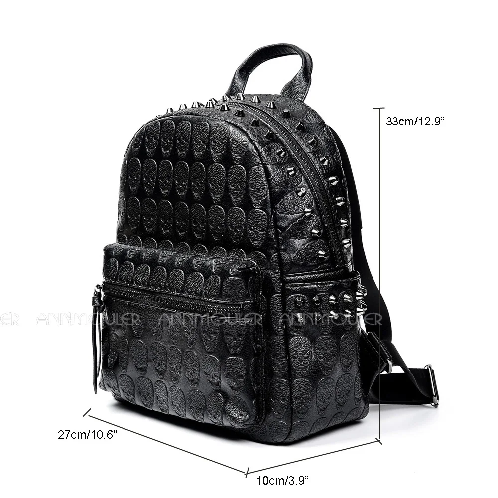 Annmouler Brand Designer Unisex Backpack Black Skeleton Daypack Punk Rivet School Bag Quality Rucksack Travel Bag